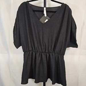 Black V-Neck Ruched Sleeves Blouse